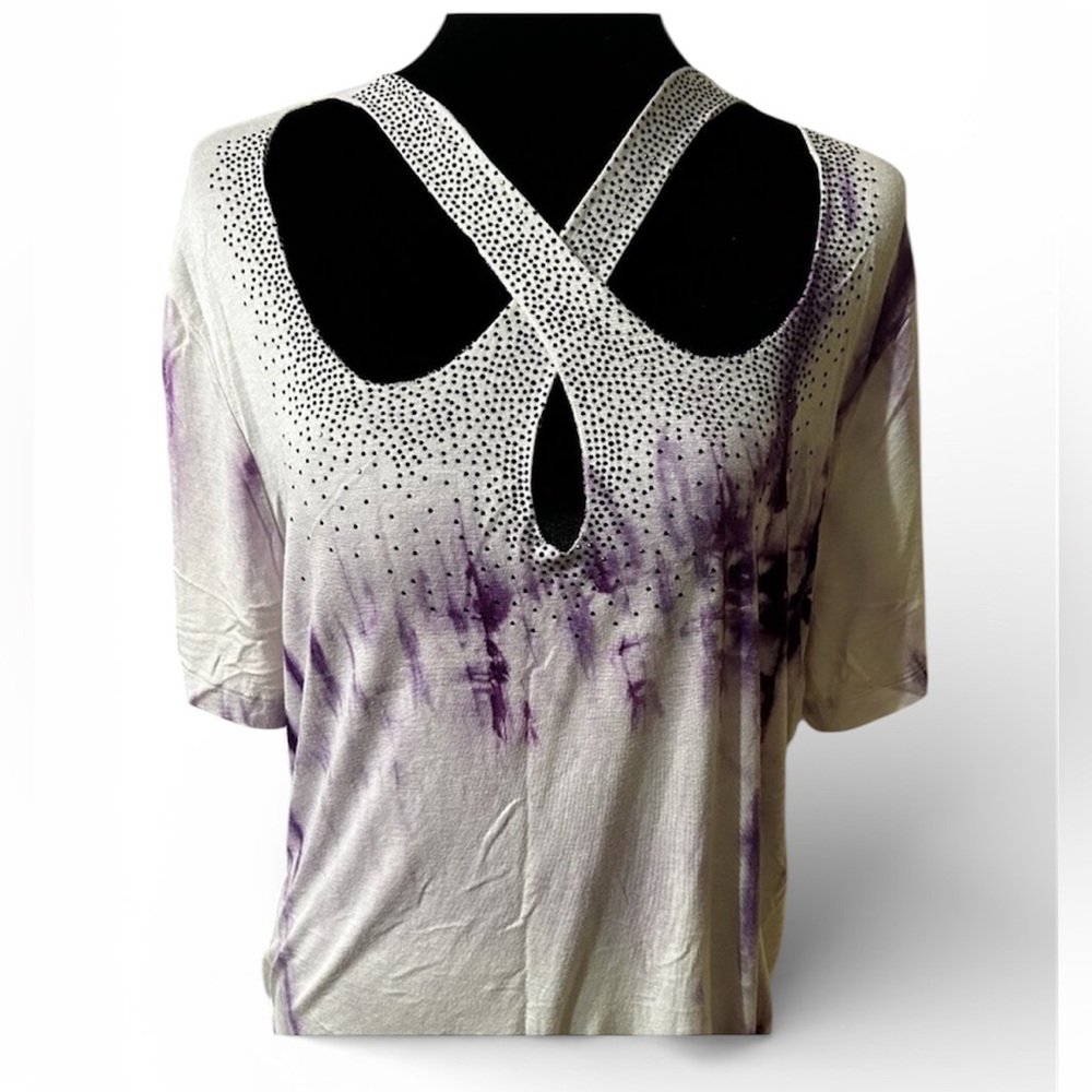 Women's Cream and Purple Cross-Back Short Sleeve Top